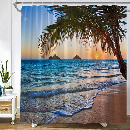 Dusk Sunset Beach Shower Curtains Tropical Ocean Palm Tree Forest Waterfall Nature Scenery Cloth Home Decor Bathroom Curtain Set