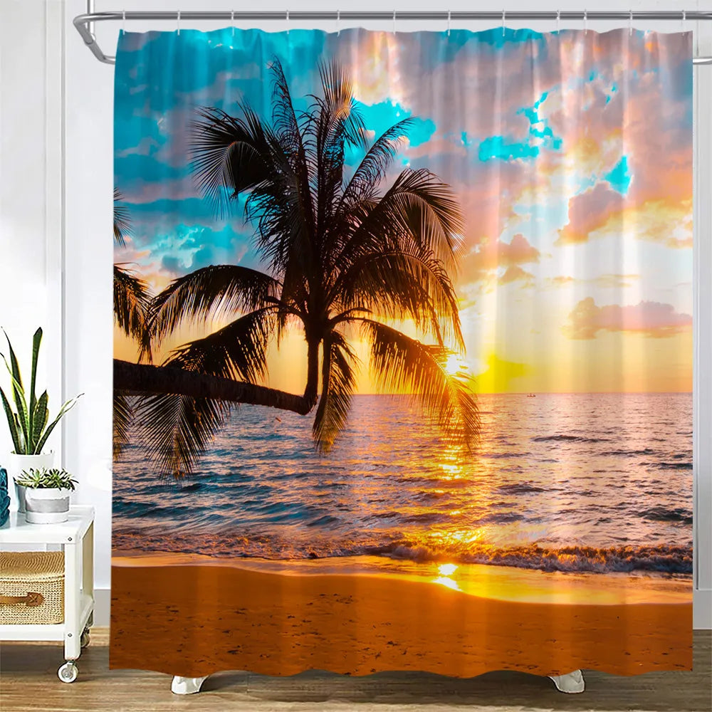 Dusk Sunset Beach Shower Curtains Tropical Ocean Palm Tree Forest Waterfall Nature Scenery Cloth Home Decor Bathroom Curtain Set