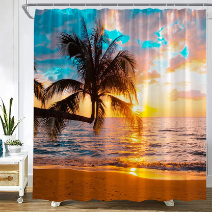 Dusk Sunset Beach Shower Curtains Tropical Ocean Palm Tree Forest Waterfall Nature Scenery Cloth Home Decor Bathroom Curtain Set