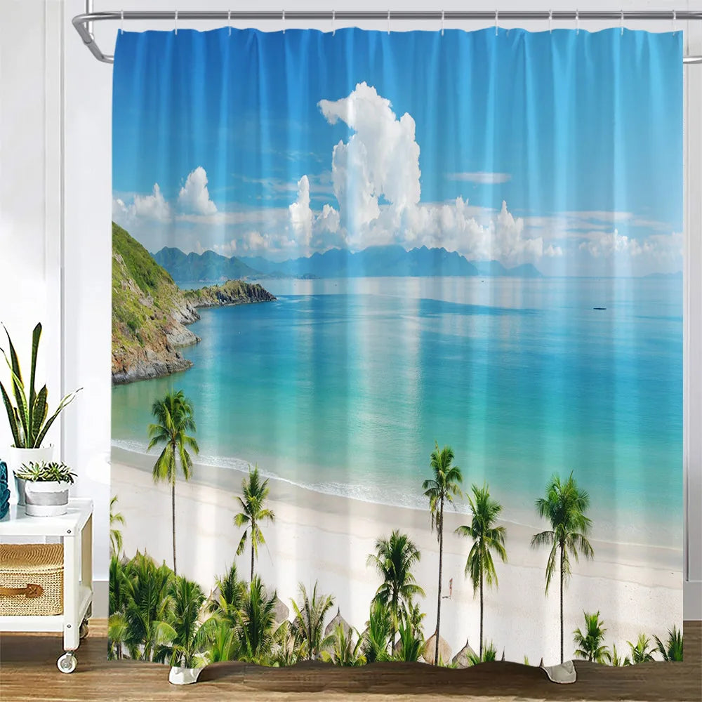 Dusk Sunset Beach Shower Curtains Tropical Ocean Palm Tree Forest Waterfall Nature Scenery Cloth Home Decor Bathroom Curtain Set