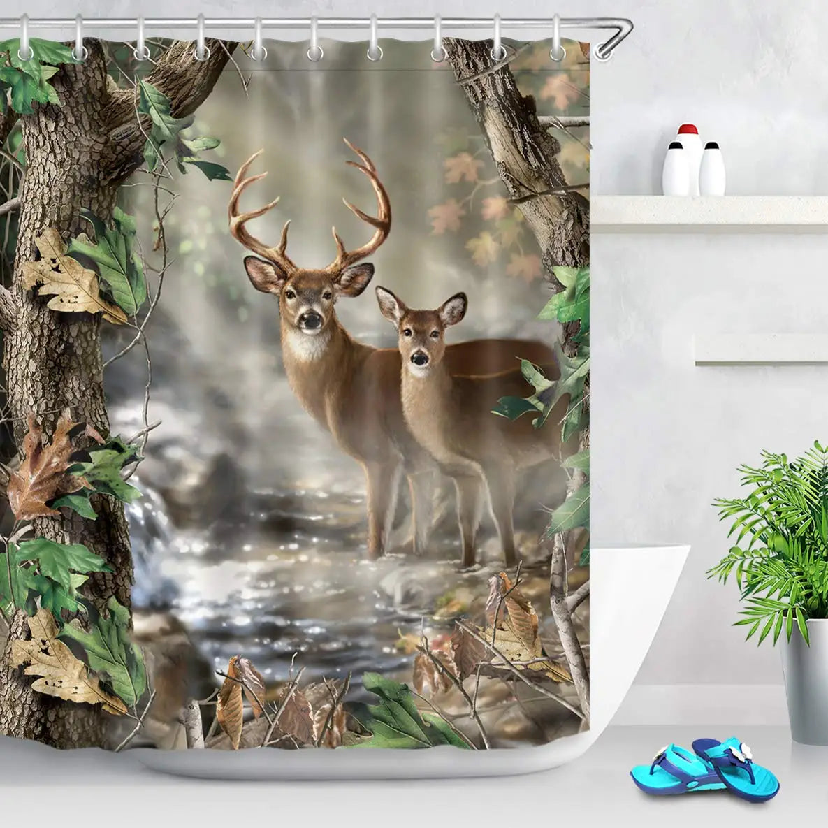 Elk Shower Curtain Animals Theme Deer Safair In Stream River At Forest Sunset Shower Curtain Fabric Bathroom Decor Curtains