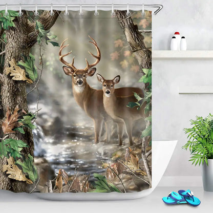 Elk Shower Curtain Animals Theme Deer Safair In Stream River At Forest Sunset Shower Curtain Fabric Bathroom Decor Curtains