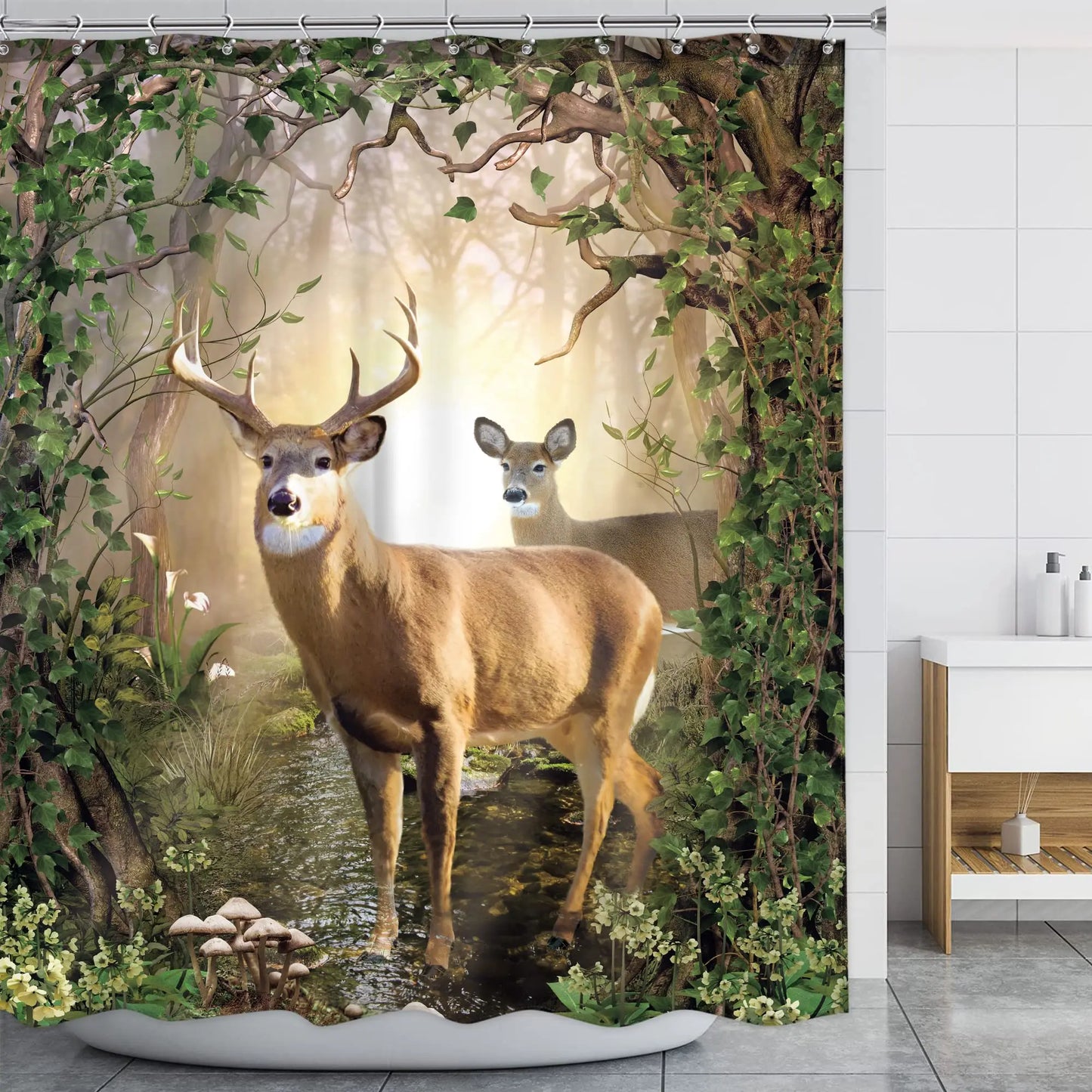 Elk Shower Curtain Animals Theme Deer Safair In Stream River At Forest Sunset Shower Curtain Fabric Bathroom Decor Curtains