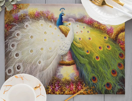 Europe Retro Mysterious Oil Painting Style White Green Couple Peacock Print Dining Mat Peacock Feather Linen Placemat Cup Pads