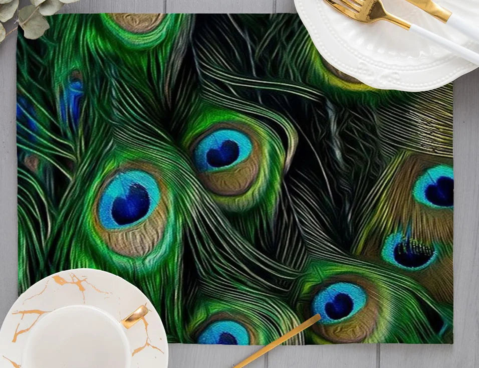 Europe Retro Mysterious Oil Painting Style White Green Couple Peacock Print Dining Mat Peacock Feather Linen Placemat Cup Pads
