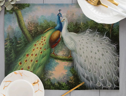 Europe Retro Mysterious Oil Painting Style White Green Couple Peacock Print Dining Mat Peacock Feather Linen Placemat Cup Pads