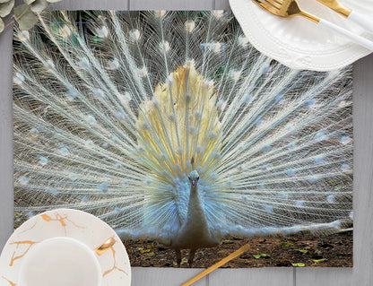Europe Retro Mysterious Oil Painting Style White Green Couple Peacock Print Dining Mat Peacock Feather Linen Placemat Cup Pads