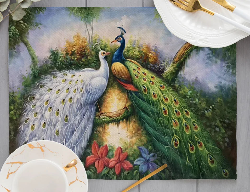 Europe Retro Mysterious Oil Painting Style White Green Couple Peacock Print Dining Mat Peacock Feather Linen Placemat Cup Pads