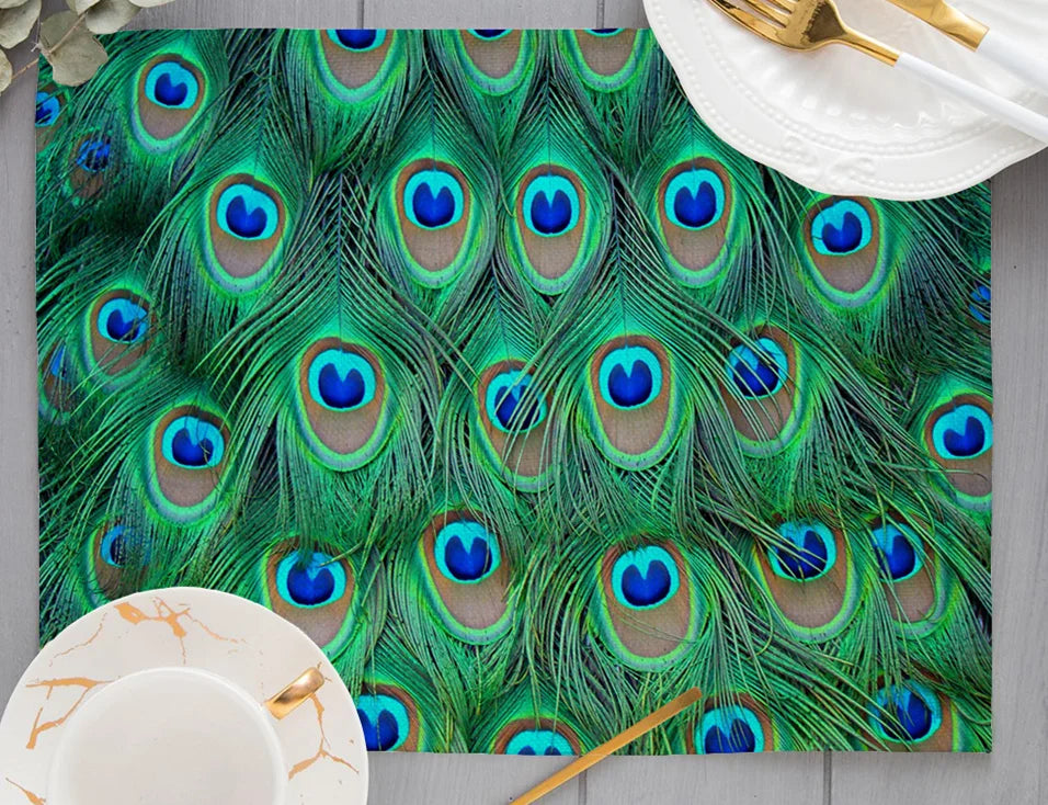 Europe Retro Mysterious Oil Painting Style White Green Couple Peacock Print Dining Mat Peacock Feather Linen Placemat Cup Pads