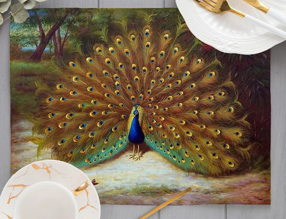 Europe Retro Mysterious Oil Painting Style White Green Couple Peacock Print Dining Mat Peacock Feather Linen Placemat Cup Pads