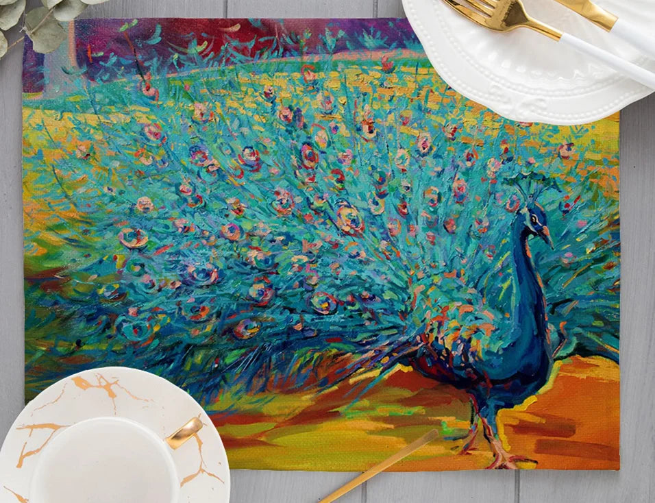Europe Retro Mysterious Oil Painting Style White Green Couple Peacock Print Dining Mat Peacock Feather Linen Placemat Cup Pads