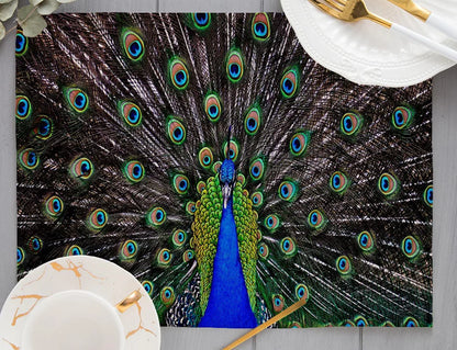 Europe Retro Mysterious Oil Painting Style White Green Couple Peacock Print Dining Mat Peacock Feather Linen Placemat Cup Pads