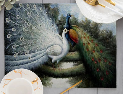 Europe Retro Mysterious Oil Painting Style White Green Couple Peacock Print Dining Mat Peacock Feather Linen Placemat Cup Pads