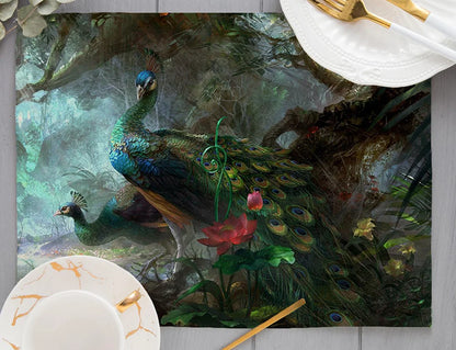 Europe Retro Mysterious Oil Painting Style White Green Couple Peacock Print Dining Mat Peacock Feather Linen Placemat Cup Pads