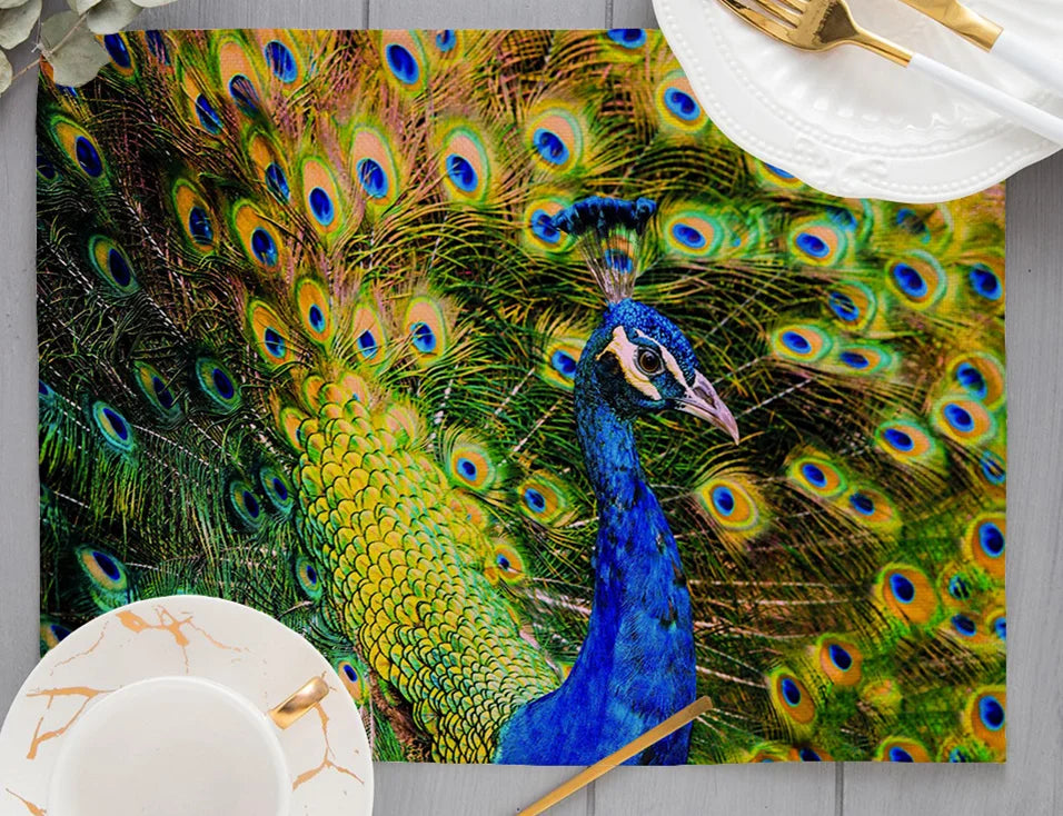Europe Retro Mysterious Oil Painting Style White Green Couple Peacock Print Dining Mat Peacock Feather Linen Placemat Cup Pads