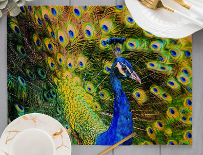 Europe Retro Mysterious Oil Painting Style White Green Couple Peacock Print Dining Mat Peacock Feather Linen Placemat Cup Pads