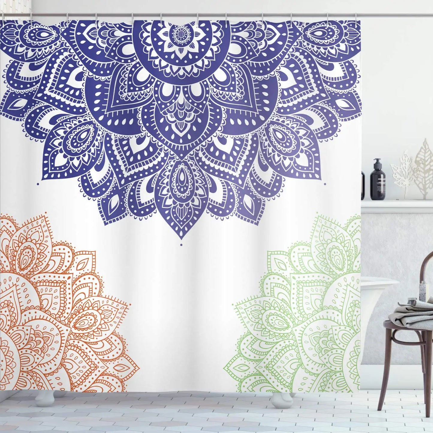 Floral Shower Curtain Eastern Mandala Design Oceanic Nautical Ombre Colors Ornamental Ethnic Illustration Fabric Bathroom Sets