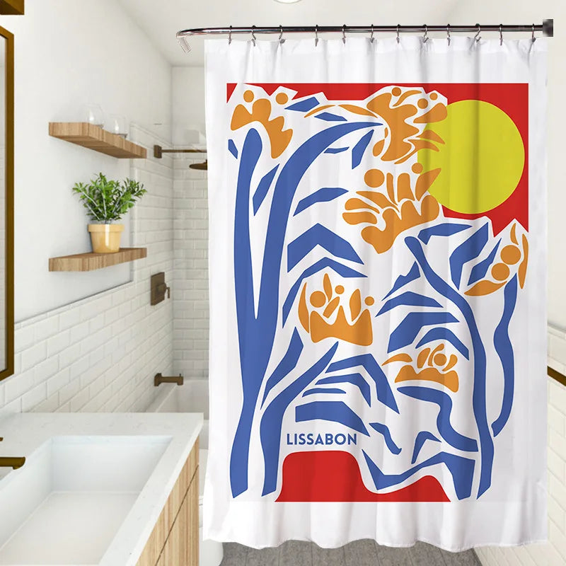 Fresh Colourful Floral Shower Curtain Waterproof Fabric Simple Flowers Plants Art Painting Bathroom Shower Curtains Sets Decor