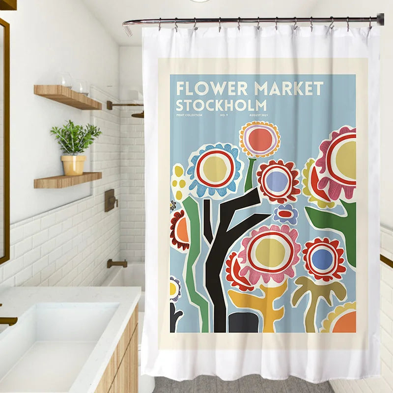 Fresh Colourful Floral Shower Curtain Waterproof Fabric Simple Flowers Plants Art Painting Bathroom Shower Curtains Sets Decor