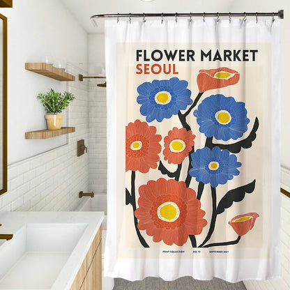 Fresh Colourful Floral Shower Curtain Waterproof Fabric Simple Flowers Plants Art Painting Bathroom Shower Curtains Sets Decor