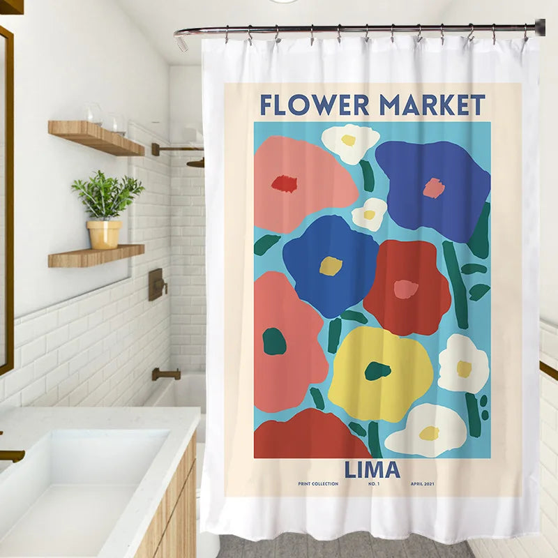 Fresh Colourful Floral Shower Curtain Waterproof Fabric Simple Flowers Plants Art Painting Bathroom Shower Curtains Sets Decor