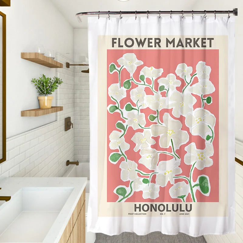 Fresh Colourful Floral Shower Curtain Waterproof Fabric Simple Flowers Plants Art Painting Bathroom Shower Curtains Sets Decor