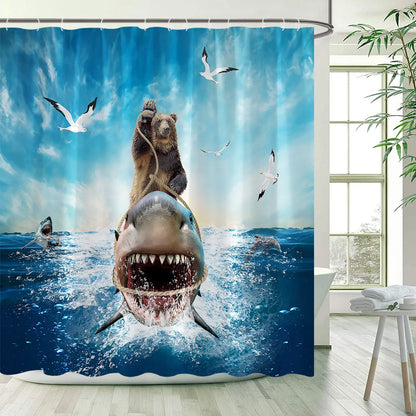 Funny Bear Shower Curtains Sea Waves Sharks Ocean Animals Creative Kids Bath Curtain Polyester Fabric Bathroom Decor with Hooks