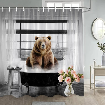 Funny Bear Shower Curtains Sea Waves Sharks Ocean Animals Creative Kids Bath Curtain Polyester Fabric Bathroom Decor with Hooks