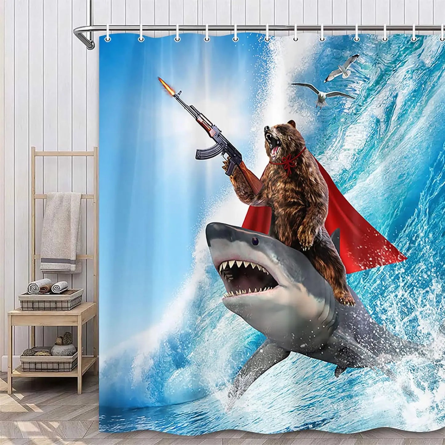 Funny Bear Shower Curtains Sea Waves Sharks Ocean Animals Creative Kids Bath Curtain Polyester Fabric Bathroom Decor with Hooks