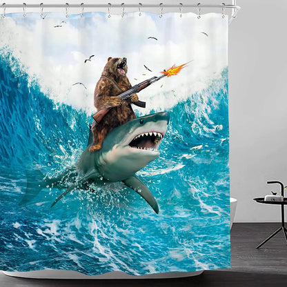 Funny Bear Shower Curtains Sea Waves Sharks Ocean Animals Creative Kids Bath Curtain Polyester Fabric Bathroom Decor with Hooks