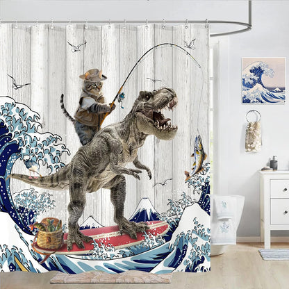 Funny Cat Shower Curtain, Cool Cat Dinosaur Japanese Ocean Wave Decor Fabric Bathroom Curtains, Kids Rustic Wooden Bath Curtain
