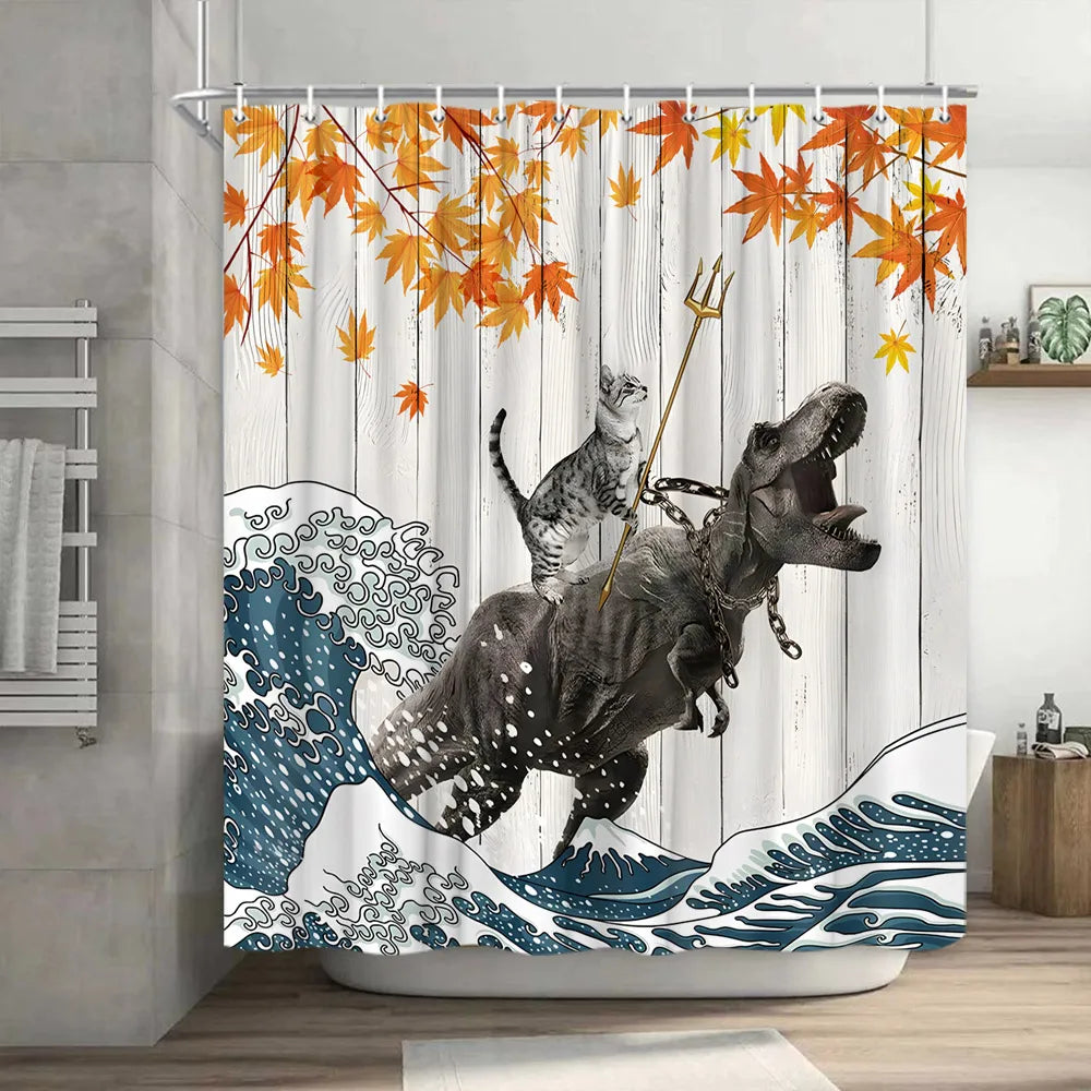 Funny Cat Shower Curtain, Cool Cat Dinosaur Japanese Ocean Wave Decor Fabric Bathroom Curtains, Kids Rustic Wooden Bath Curtain
