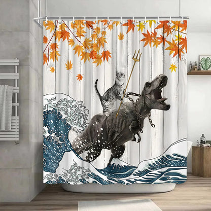 Funny Cat Shower Curtain, Cool Cat Dinosaur Japanese Ocean Wave Decor Fabric Bathroom Curtains, Kids Rustic Wooden Bath Curtain