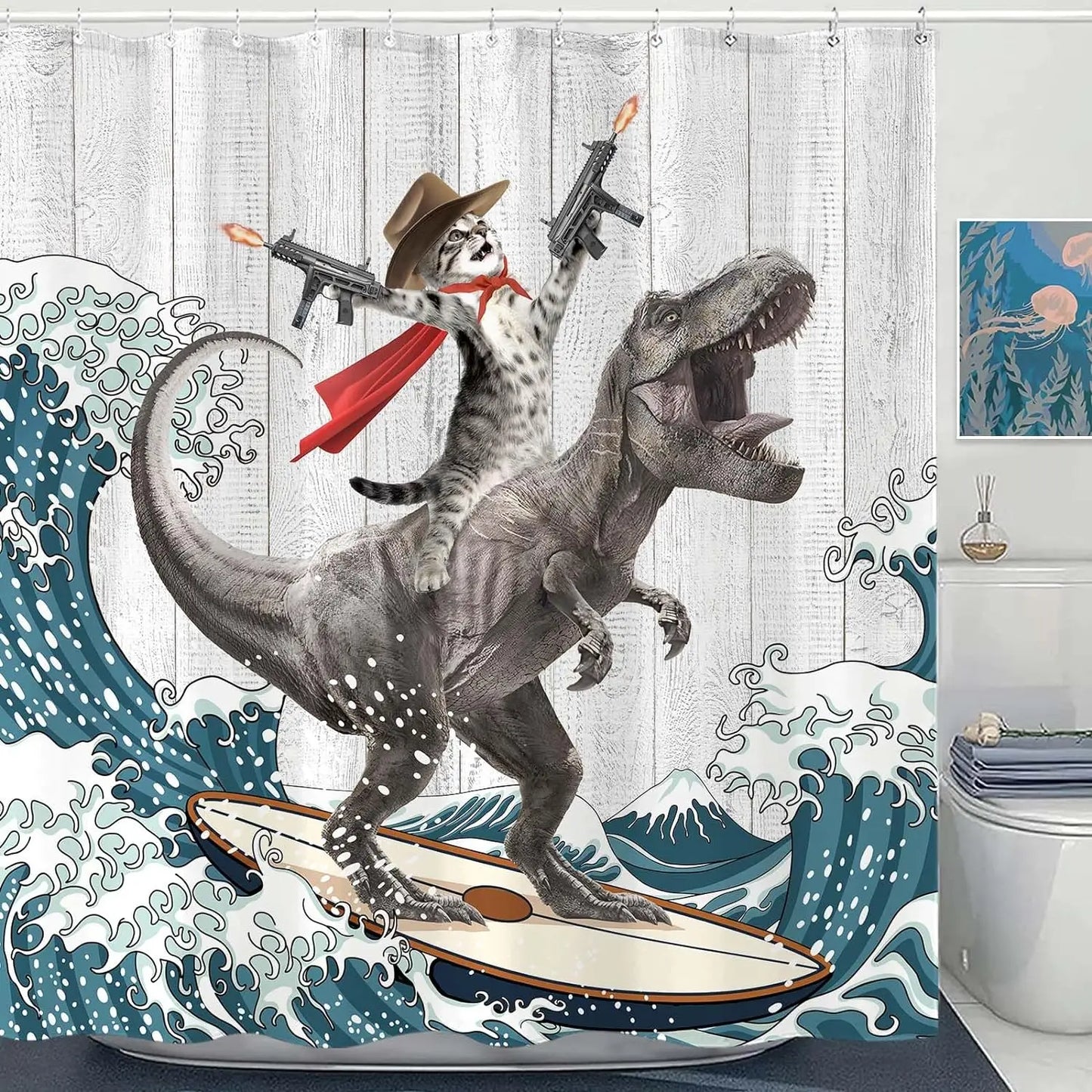 Funny Cat Shower Curtain, Cool Cat Dinosaur Japanese Ocean Wave Decor Fabric Bathroom Curtains, Kids Rustic Wooden Bath Curtain