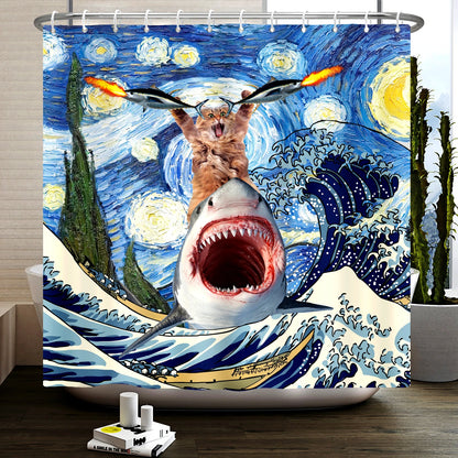 Funny Cat Shower Curtain, Cool Cat Dinosaur Japanese Ocean Wave Decor Fabric Bathroom Curtains, Kids Rustic Wooden Bath Curtain