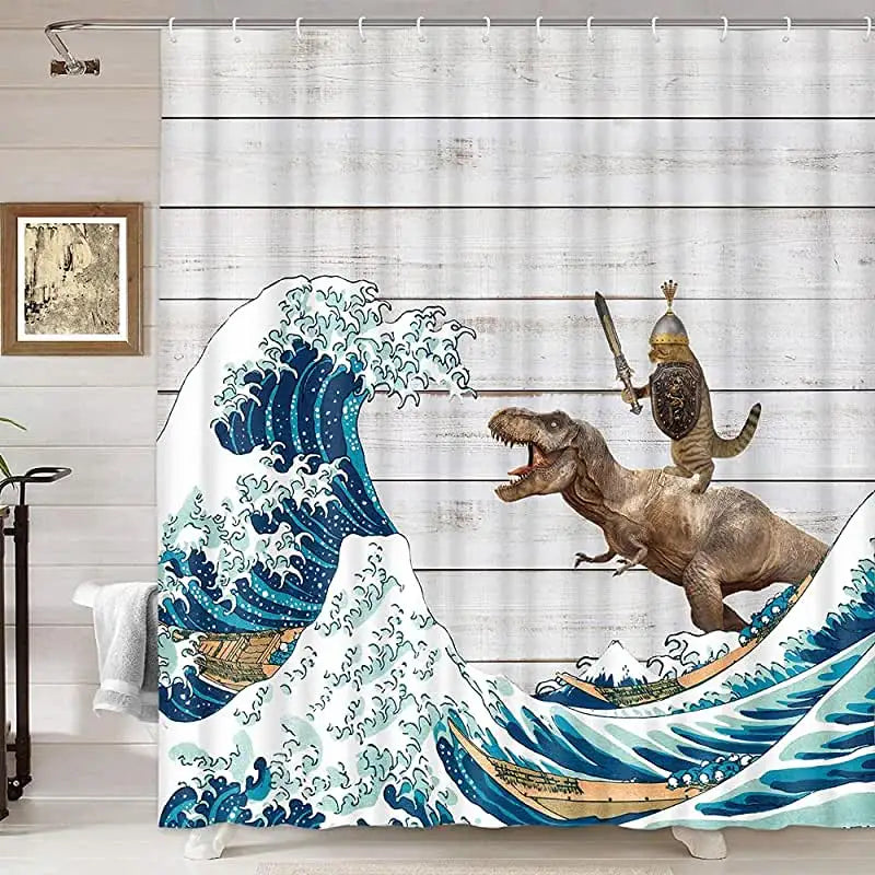Funny Cat Shower Curtain, Cool Cat Dinosaur Japanese Ocean Wave Decor Fabric Bathroom Curtains, Kids Rustic Wooden Bath Curtain