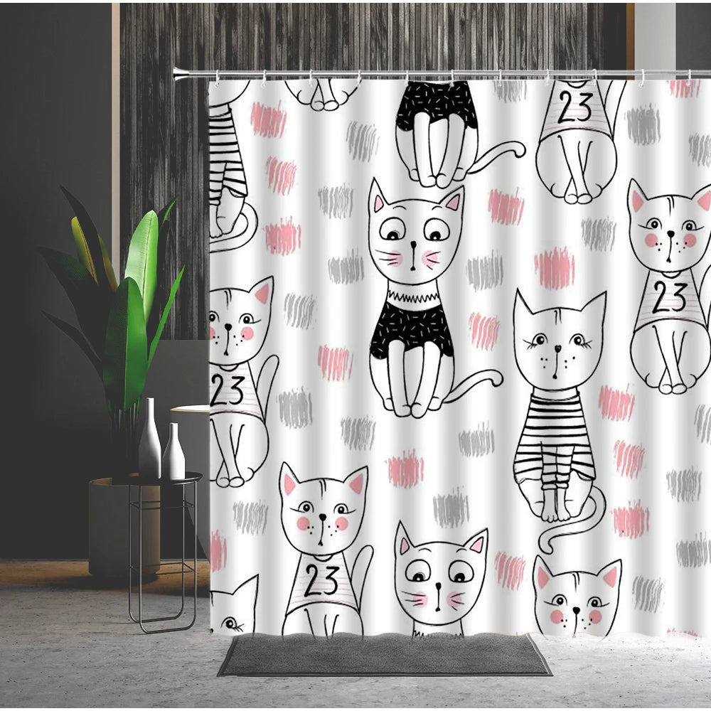Funny Cat Shower Curtain Cute Cartoon Lion Dinosaur Animal Bathtub Screen Waterproof Polyester Curtains for Kids Toilet Bathroom