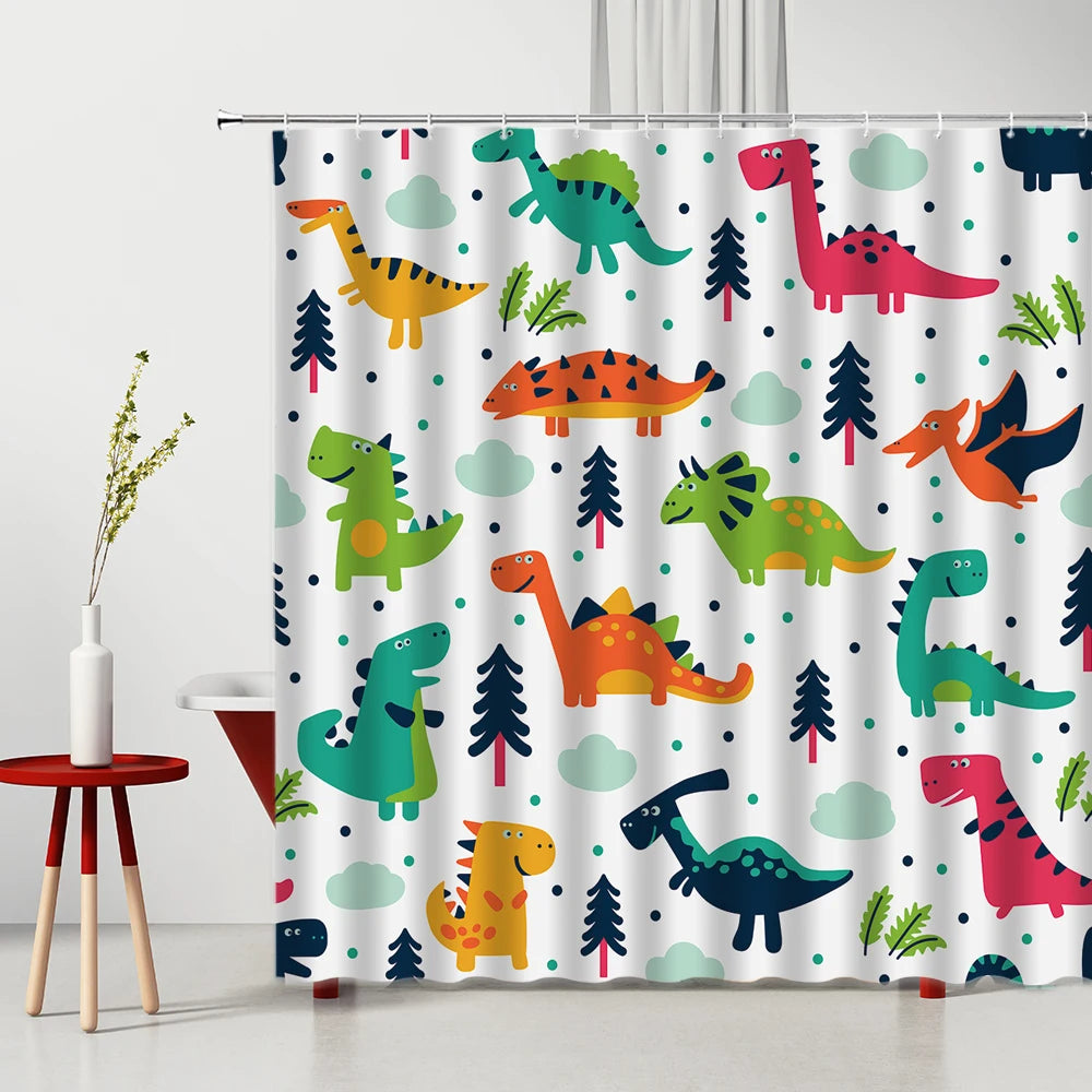 Funny Cat Shower Curtain Cute Cartoon Lion Dinosaur Animal Bathtub Screen Waterproof Polyester Curtains for Kids Toilet Bathroom