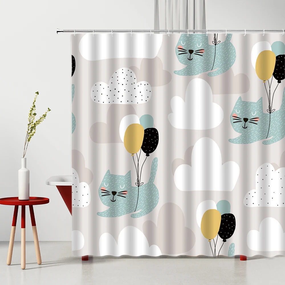 Funny Cat Shower Curtain Cute Cartoon Lion Dinosaur Animal Bathtub Screen Waterproof Polyester Curtains for Kids Toilet Bathroom