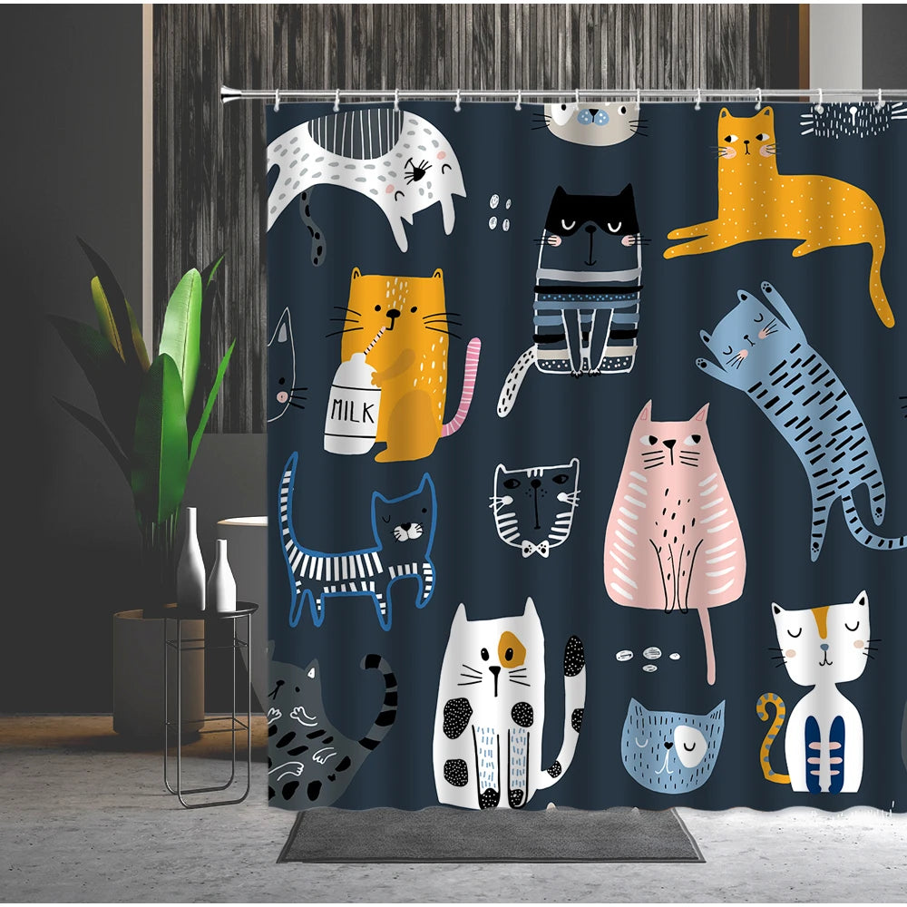 Funny Cat Shower Curtain Cute Cartoon Lion Dinosaur Animal Bathtub Screen Waterproof Polyester Curtains for Kids Toilet Bathroom