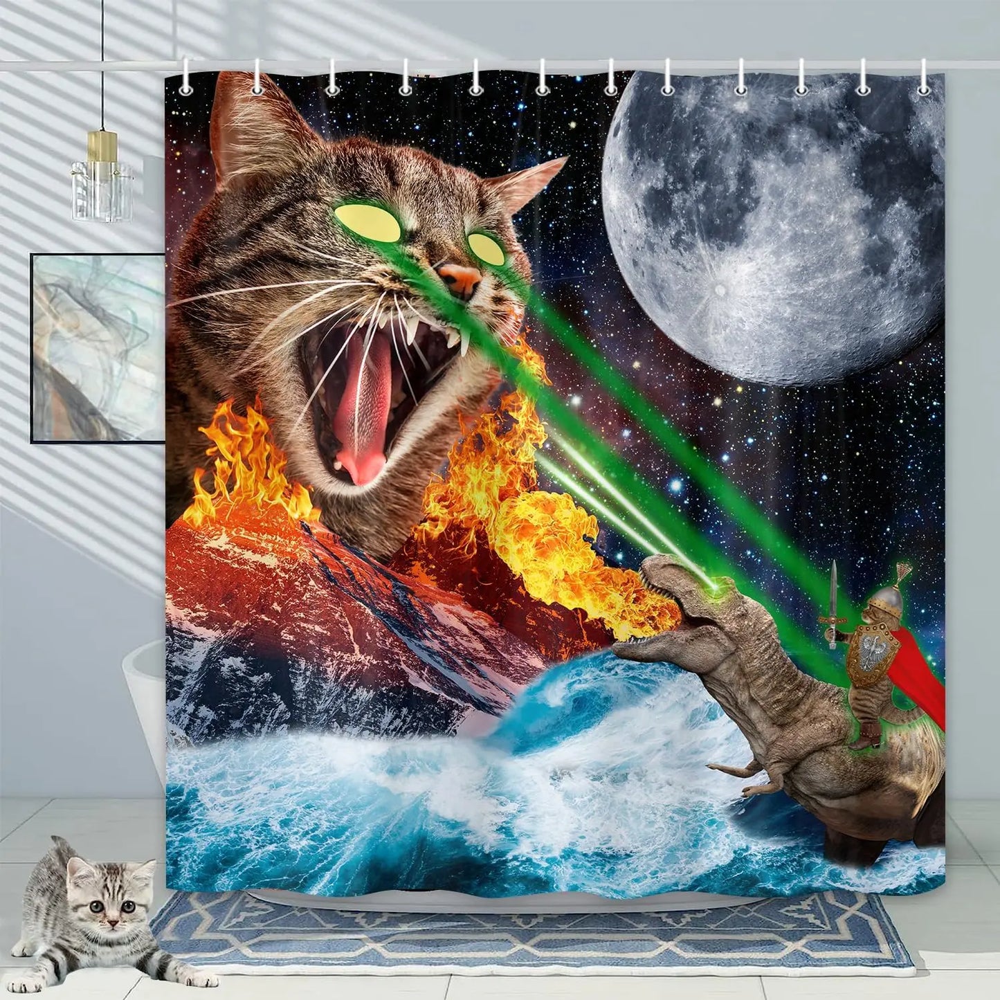 Funny Cat Shower Curtain Fun Animal in Bathtub with Fish Cloth Fabric Shower Curtain Hilarious Pet Bathroom Decor Set with Hooks
