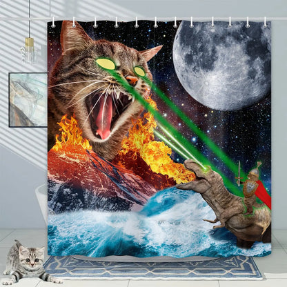 Funny Cat Shower Curtain Fun Animal in Bathtub with Fish Cloth Fabric Shower Curtain Hilarious Pet Bathroom Decor Set with Hooks