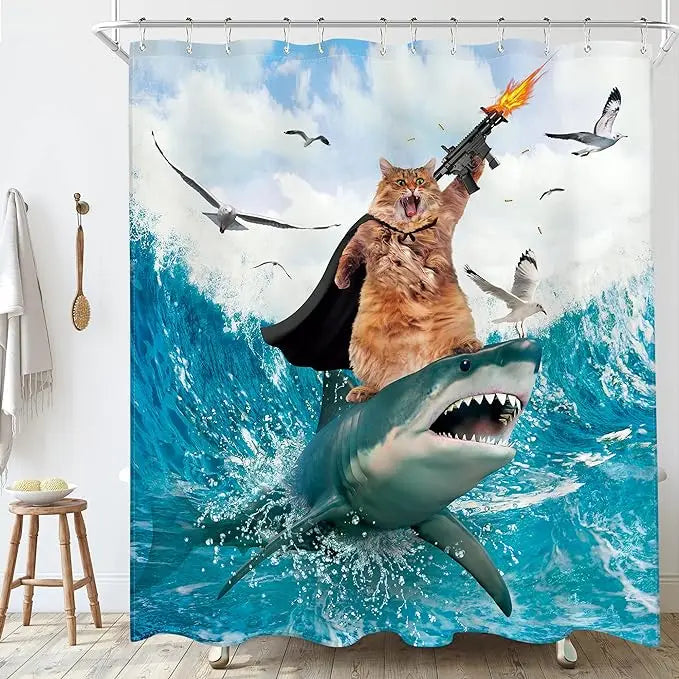 Funny Cat Shower Curtain Fun Animal in Bathtub with Fish Cloth Fabric Shower Curtain Hilarious Pet Bathroom Decor Set with Hooks