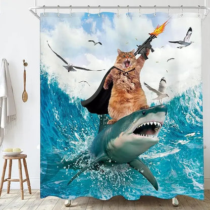 Funny Cat Shower Curtain Fun Animal in Bathtub with Fish Cloth Fabric Shower Curtain Hilarious Pet Bathroom Decor Set with Hooks