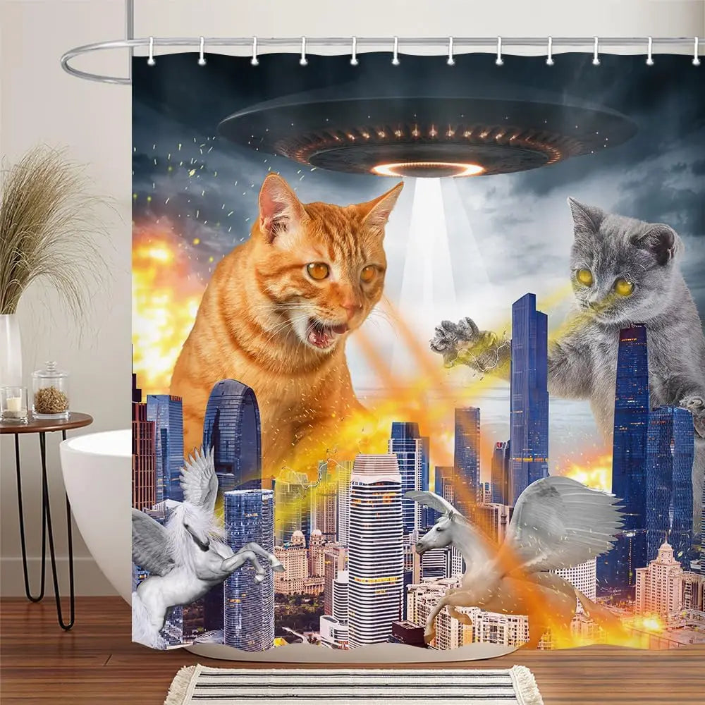 Funny Cat Shower Curtain Fun Animal in Bathtub with Fish Cloth Fabric Shower Curtain Hilarious Pet Bathroom Decor Set with Hooks