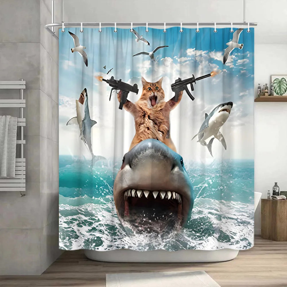 Funny Cat Shower Curtain Fun Animal in Bathtub with Fish Cloth Fabric Shower Curtain Hilarious Pet Bathroom Decor Set with Hooks