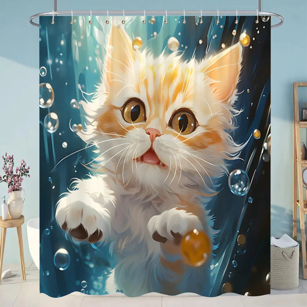 Funny Diving Cat Shower Curtain Cartoon Animals Oil Painting Style Polyester Washable Shower Curtains Bathroom Decor with Hooks