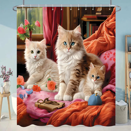 Funny Diving Cat Shower Curtain Cartoon Animals Oil Painting Style Polyester Washable Shower Curtains Bathroom Decor with Hooks