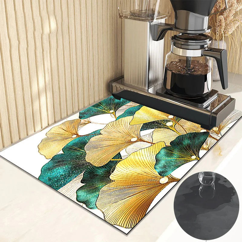 Ginkgo Leaf Dish Drying Mat Kitchen Rubber Quick Dry Drain Pad Bottle Bowl Tableware Placemat Bathroom Super Absorption Rugs