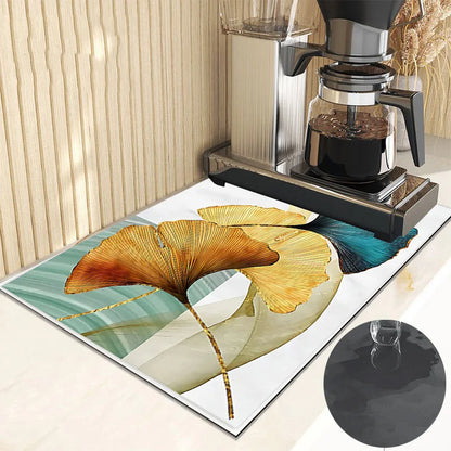 Ginkgo Leaf Dish Drying Mat Kitchen Rubber Quick Dry Drain Pad Bottle Bowl Tableware Placemat Bathroom Super Absorption Rugs